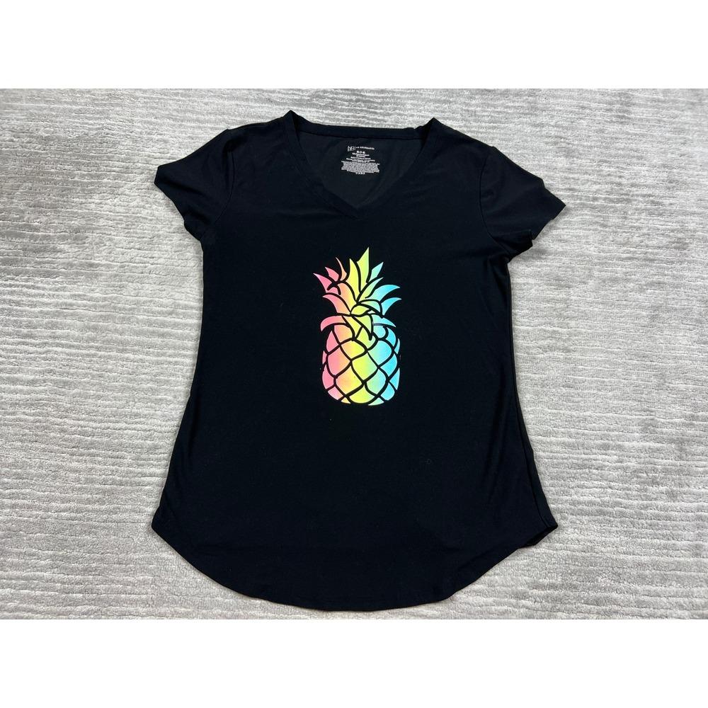 No Boundaries T-Shirt Womens M Black Pineapple Graphic V-Neck NJ28T002CA Rainbow